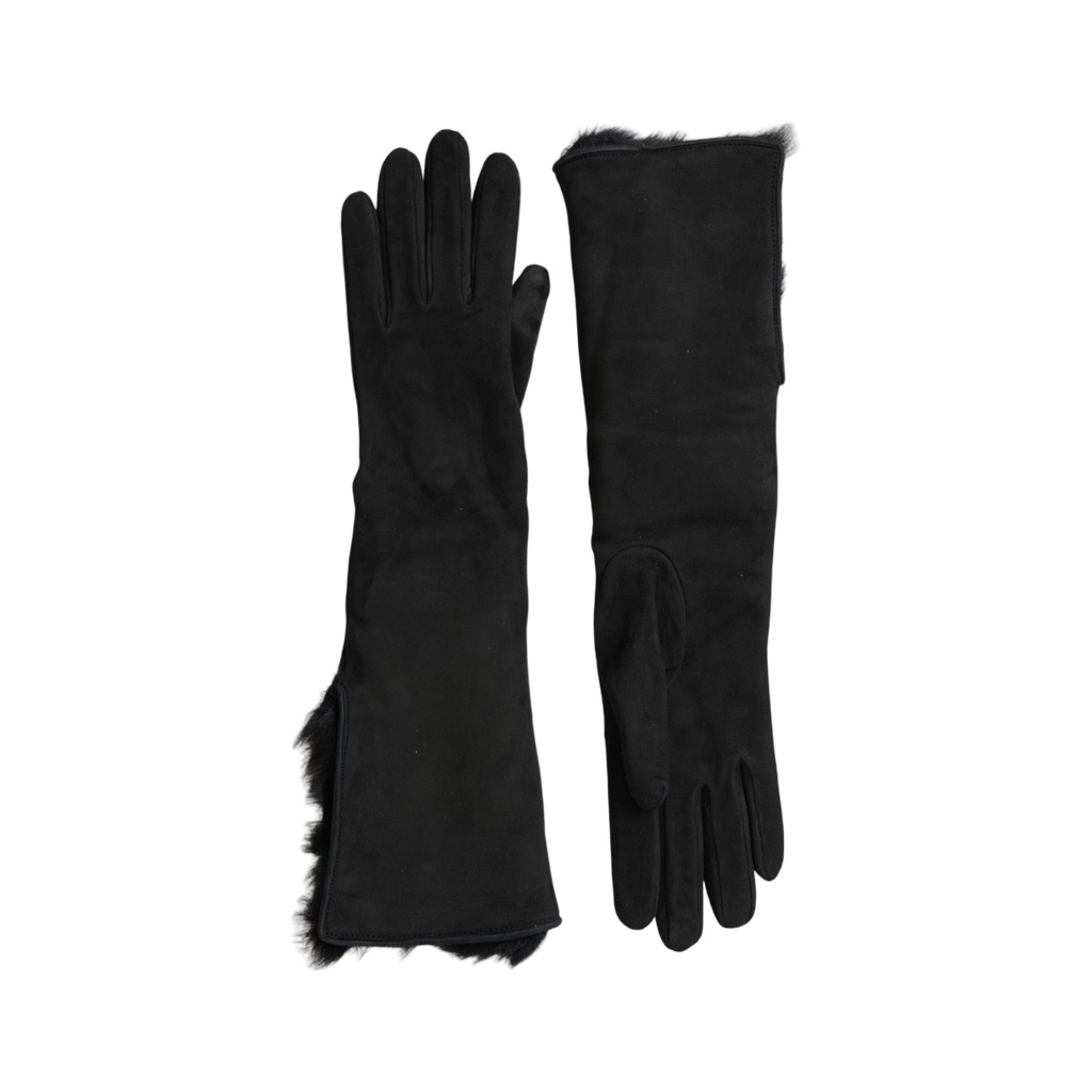 Black Leather Fur Elbow Length Gloves