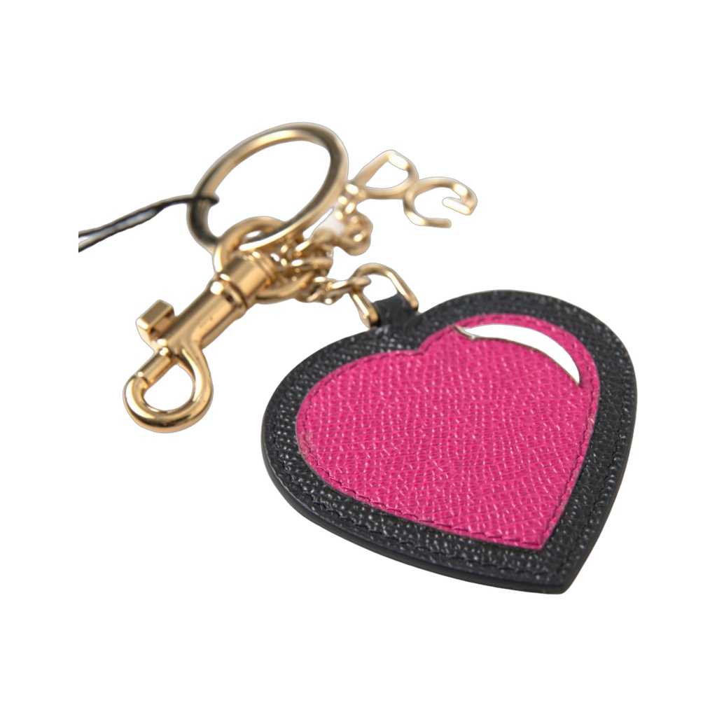 Black Fuchsia Heart Leather Gold Metal Keyring Keychain