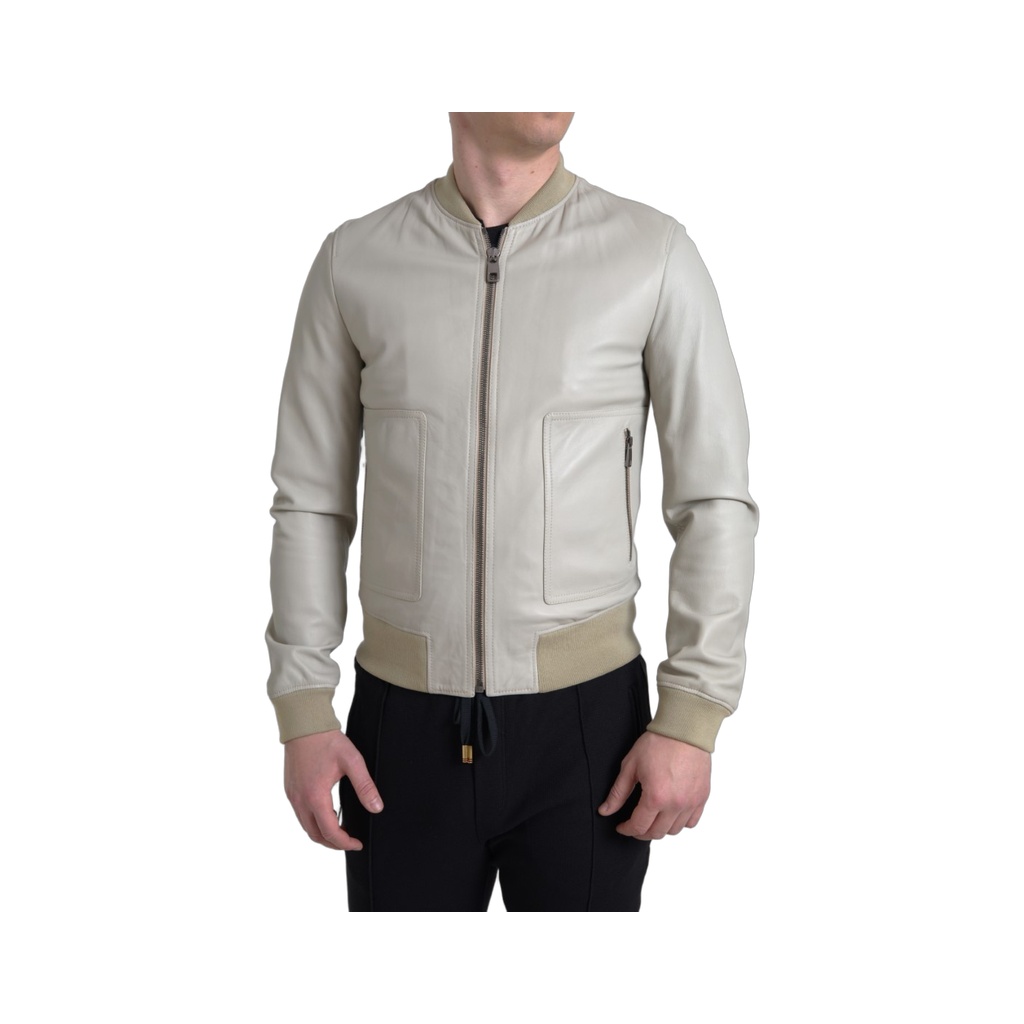 Cream Leather Bomber Blouson Full Zip Jacket