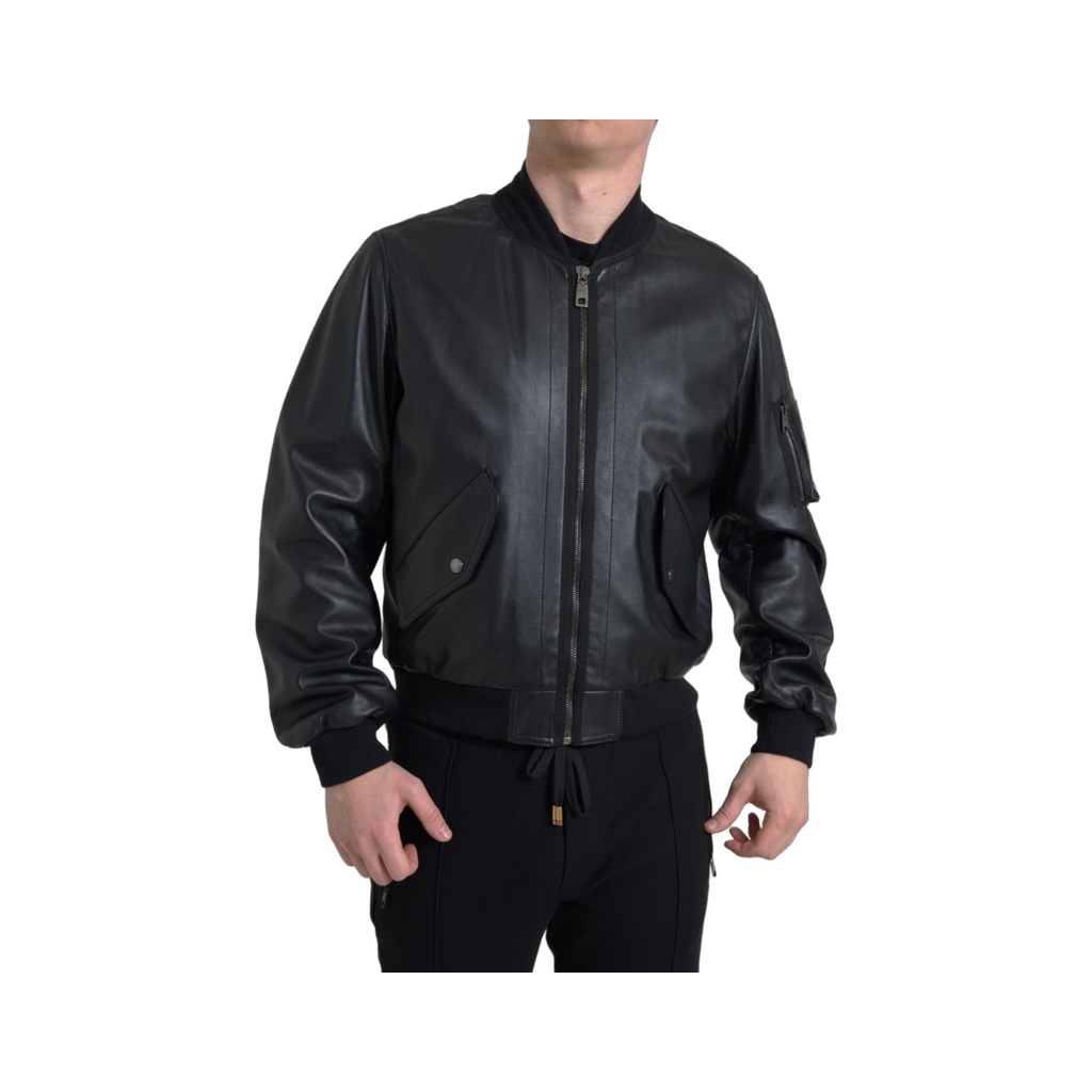 Black Leather Blouson Full Zip Bomber Jacket