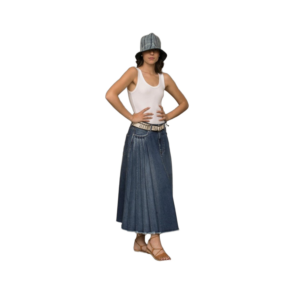 Pleated Denim Midi Skirt