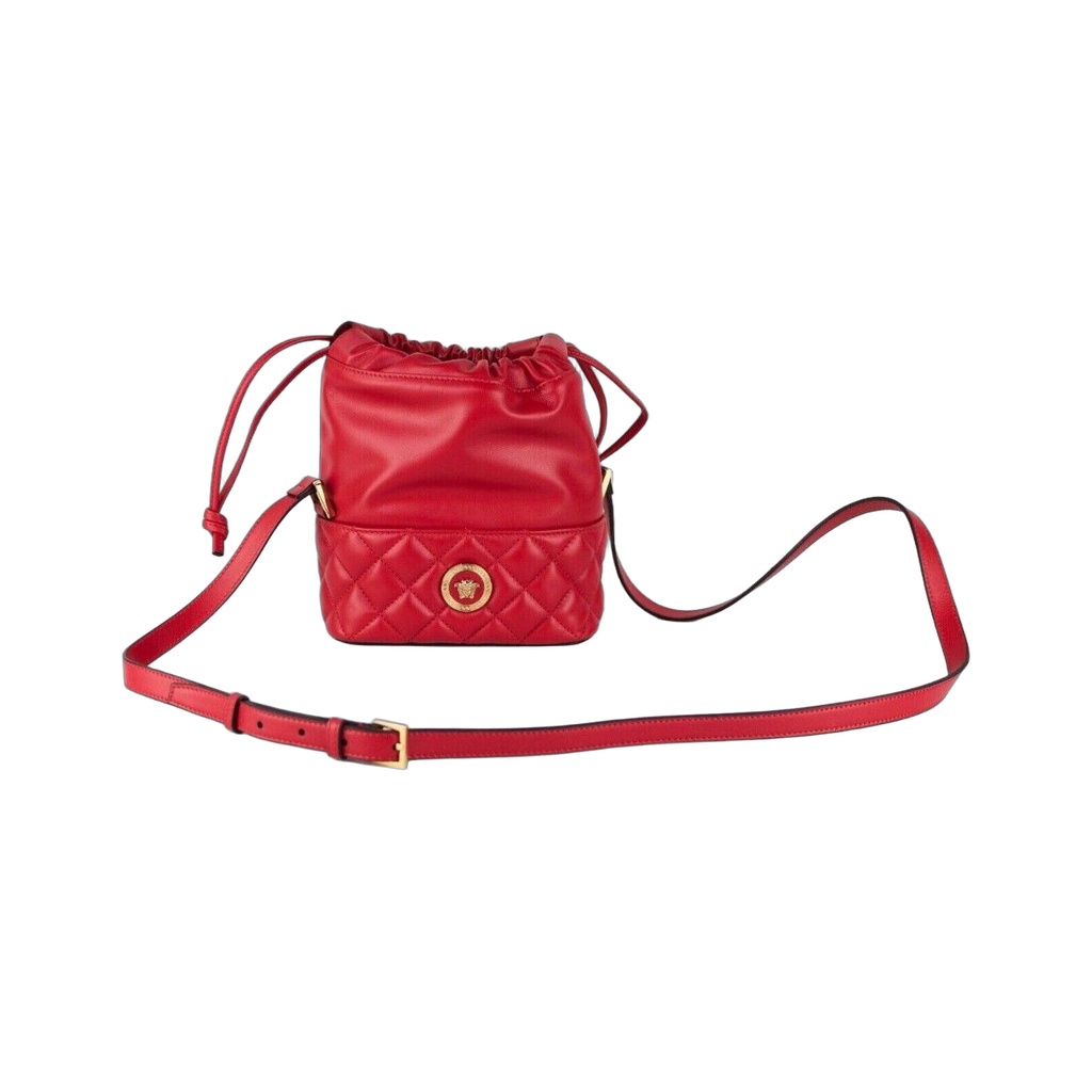 Red Quilted Leather Drawstring Shoulder Bag Bucket Crossbody Handbag