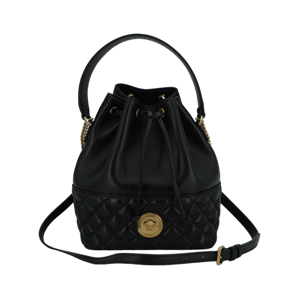 Elegant Black Leather Medusa Bucket Shoulder Bag