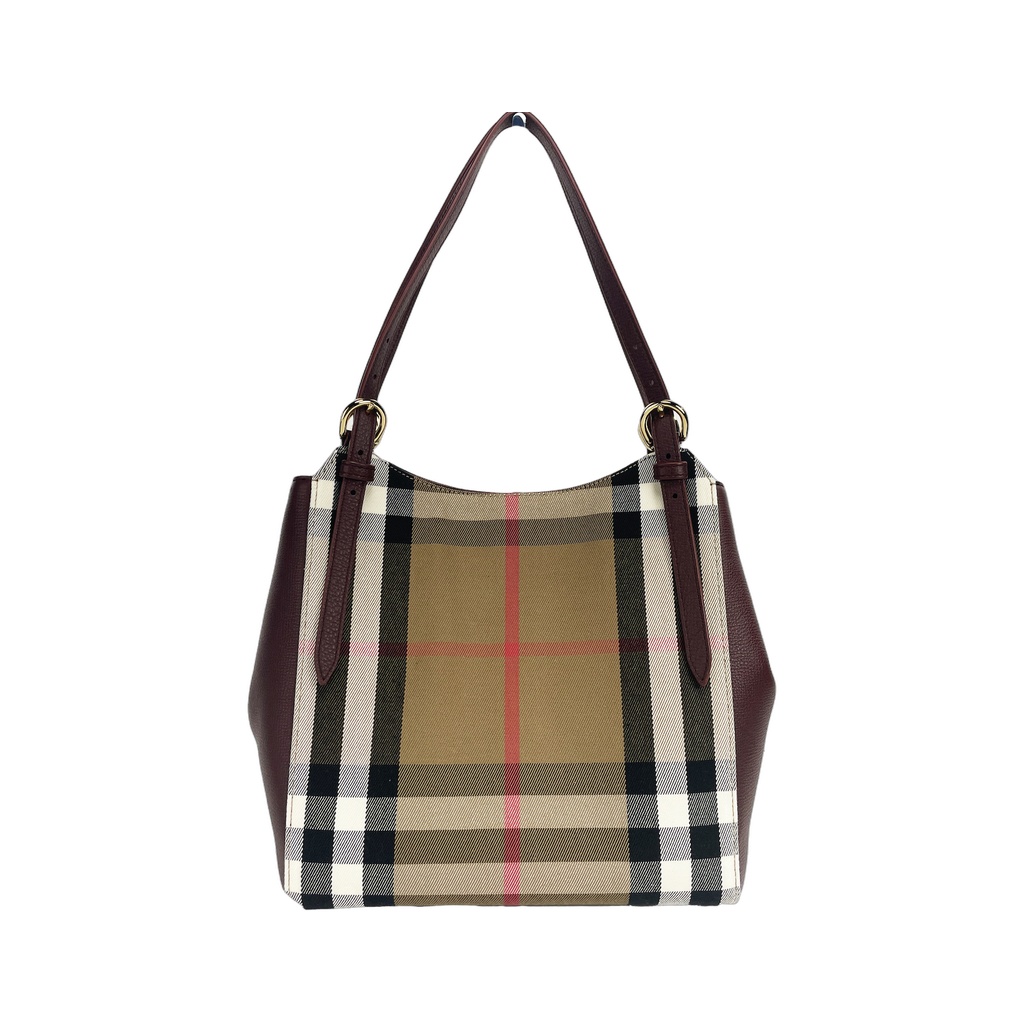 Small Canterby Mahogany Leather Check Canvas Tote Bag Purse