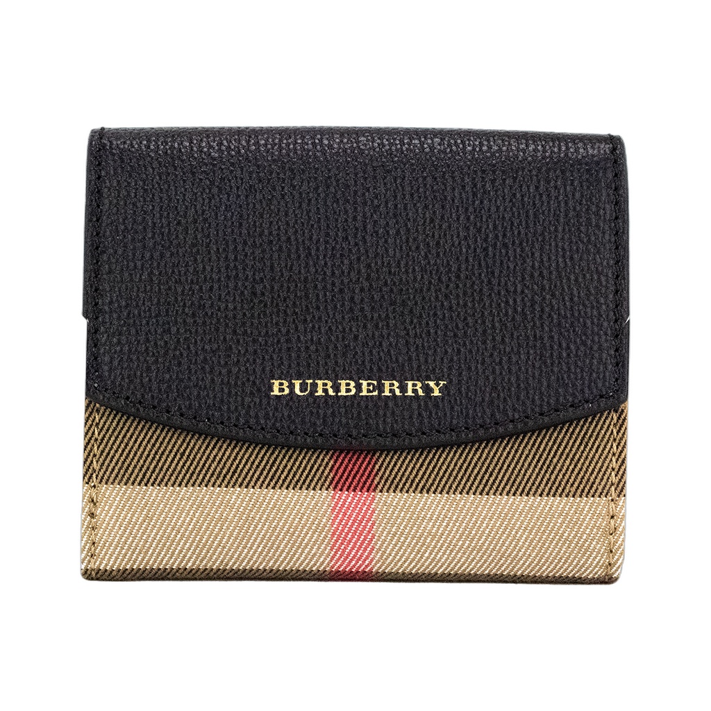 Luna Black Grained Leather House Check Canvas Coin Pouch Snap Wallet