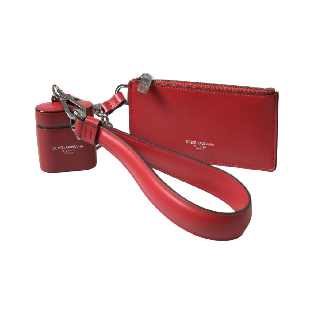 Red Leather Silver Metal Logo Strap Pouch Airpods Case