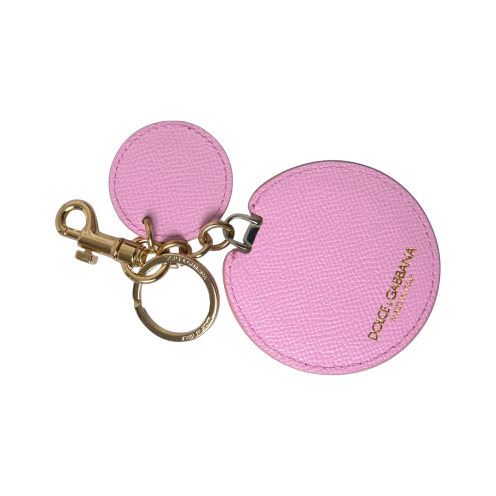 Pink Calf Leather Gold Metal Logo Print Keyring Keychain