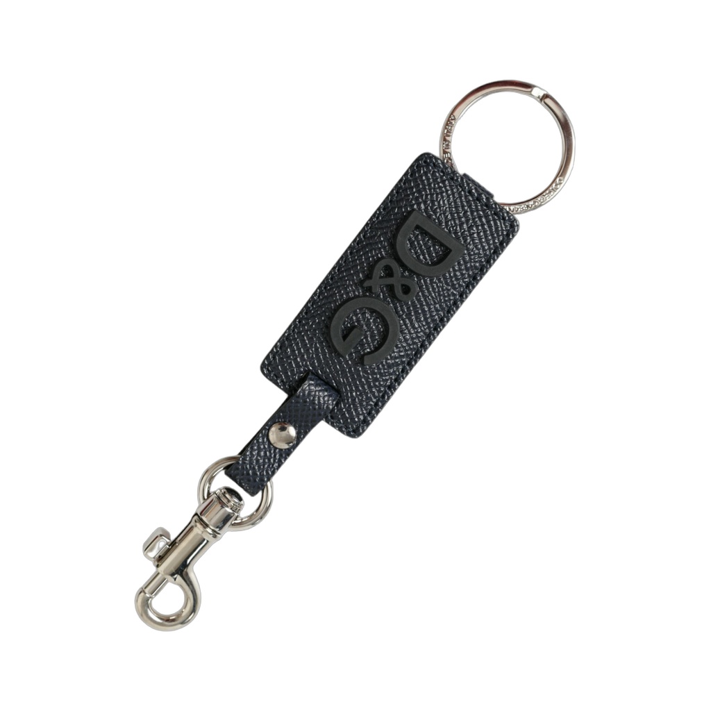 Black Calf Leather DG Logo Silver Brass Keyring Keychain