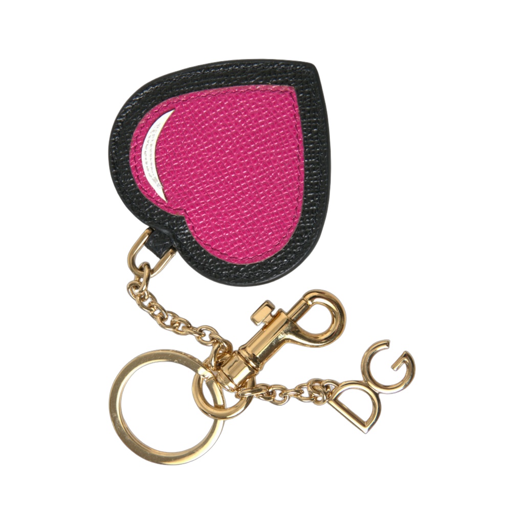 Pink Black Heart Leather Gold Tone Brass Keyring Keychain