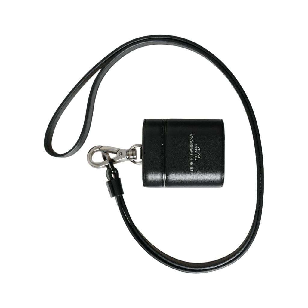 Black Leather Strap Silver Metal Logo Printed Airpods Case