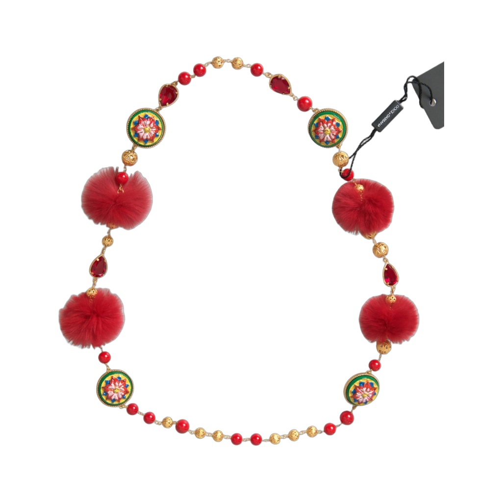 Gold Brass Red Fur Crystal Carretto Chain Necklace