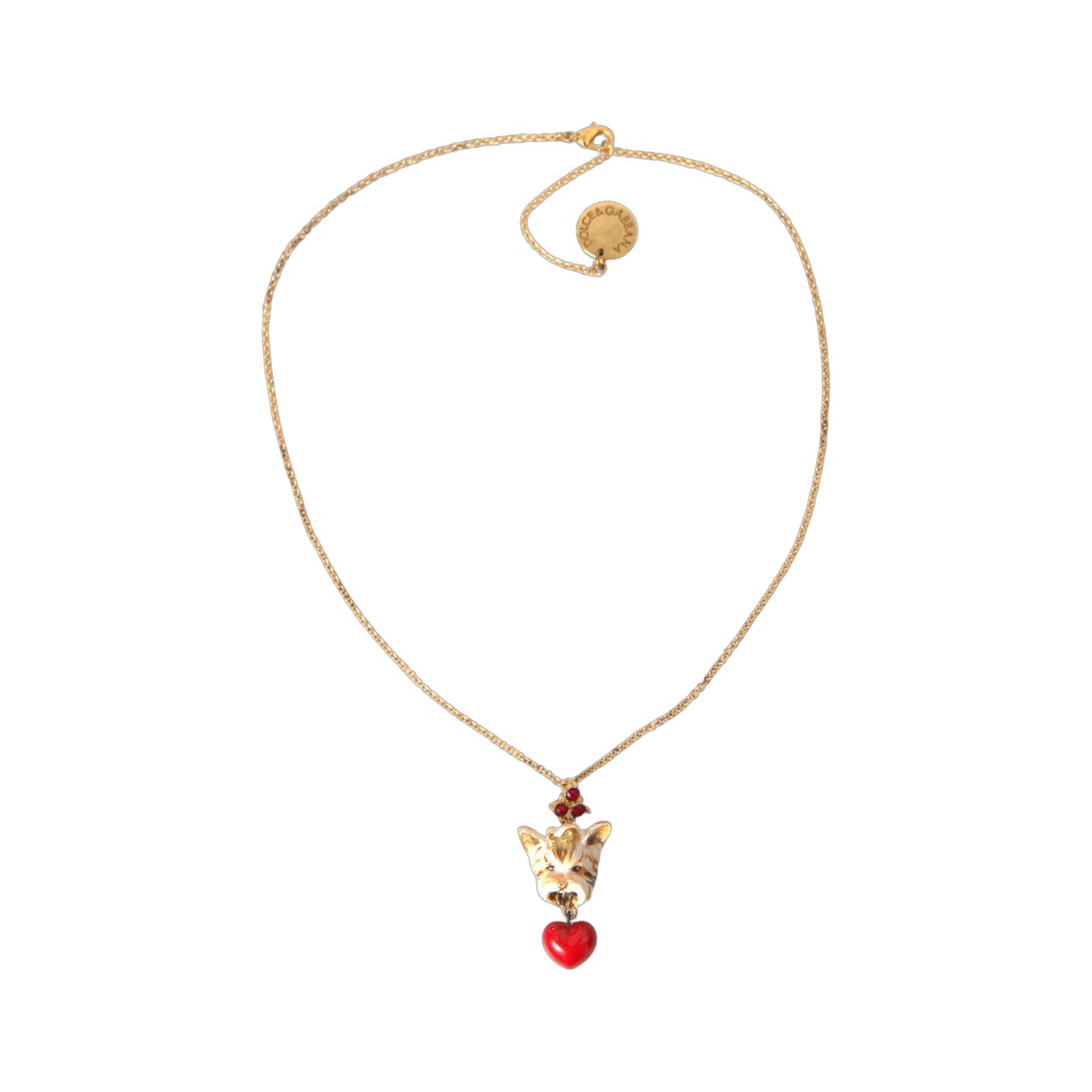 Gold Brass Chain Dog Heart Pendant Charm Necklace