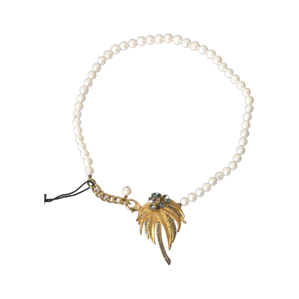 Gold Brass Crystal Pearl Tree Pendant Charm Necklace
