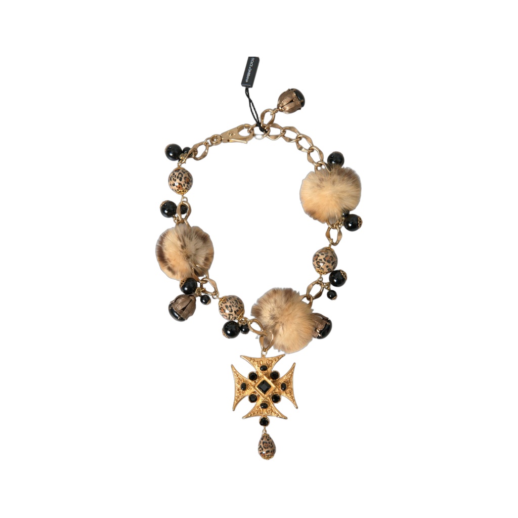 Gold Black Crystals Lapin Fur Filigree Chocker Necklace