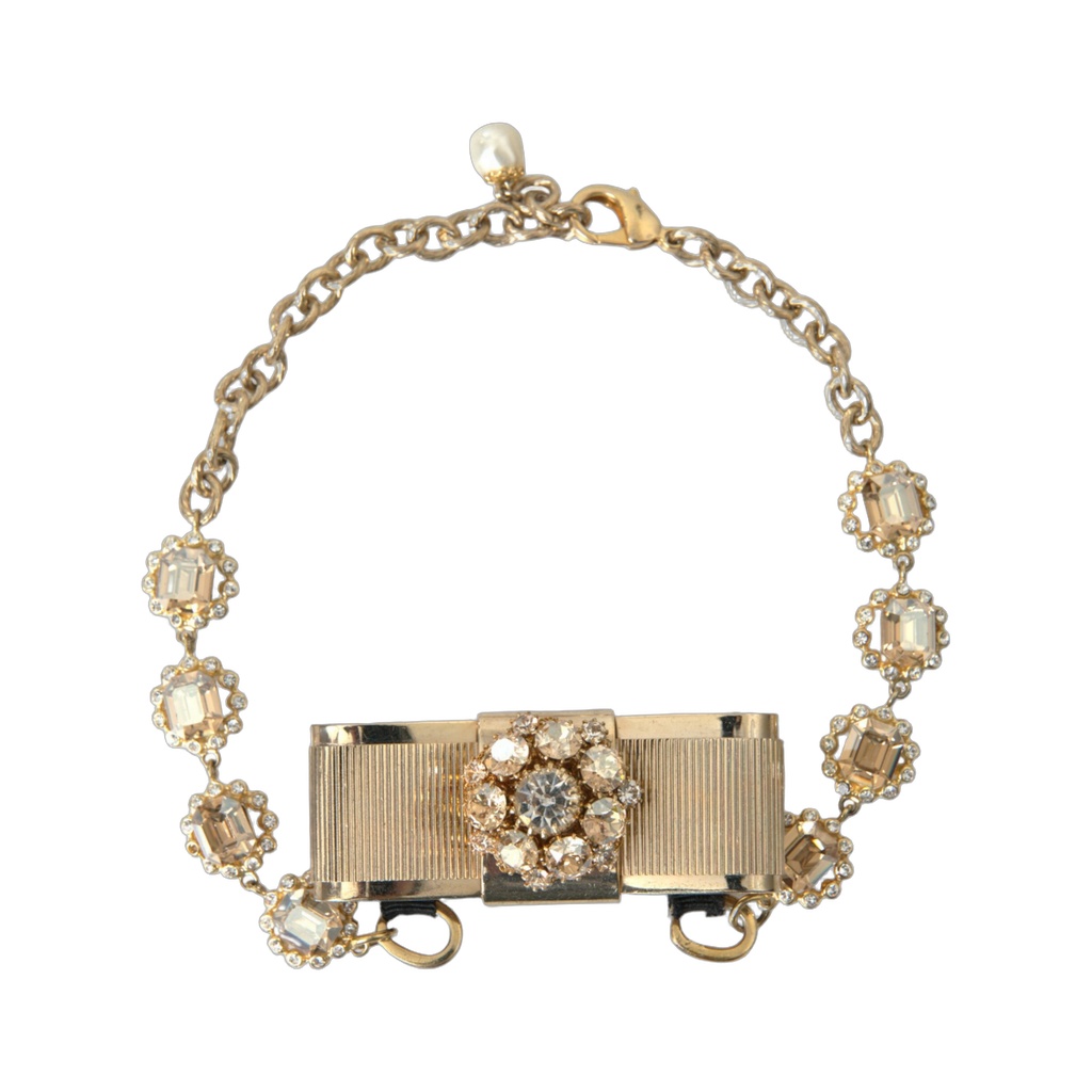 Gold Brass Clear Crystal Bow Chain Choker Necklace