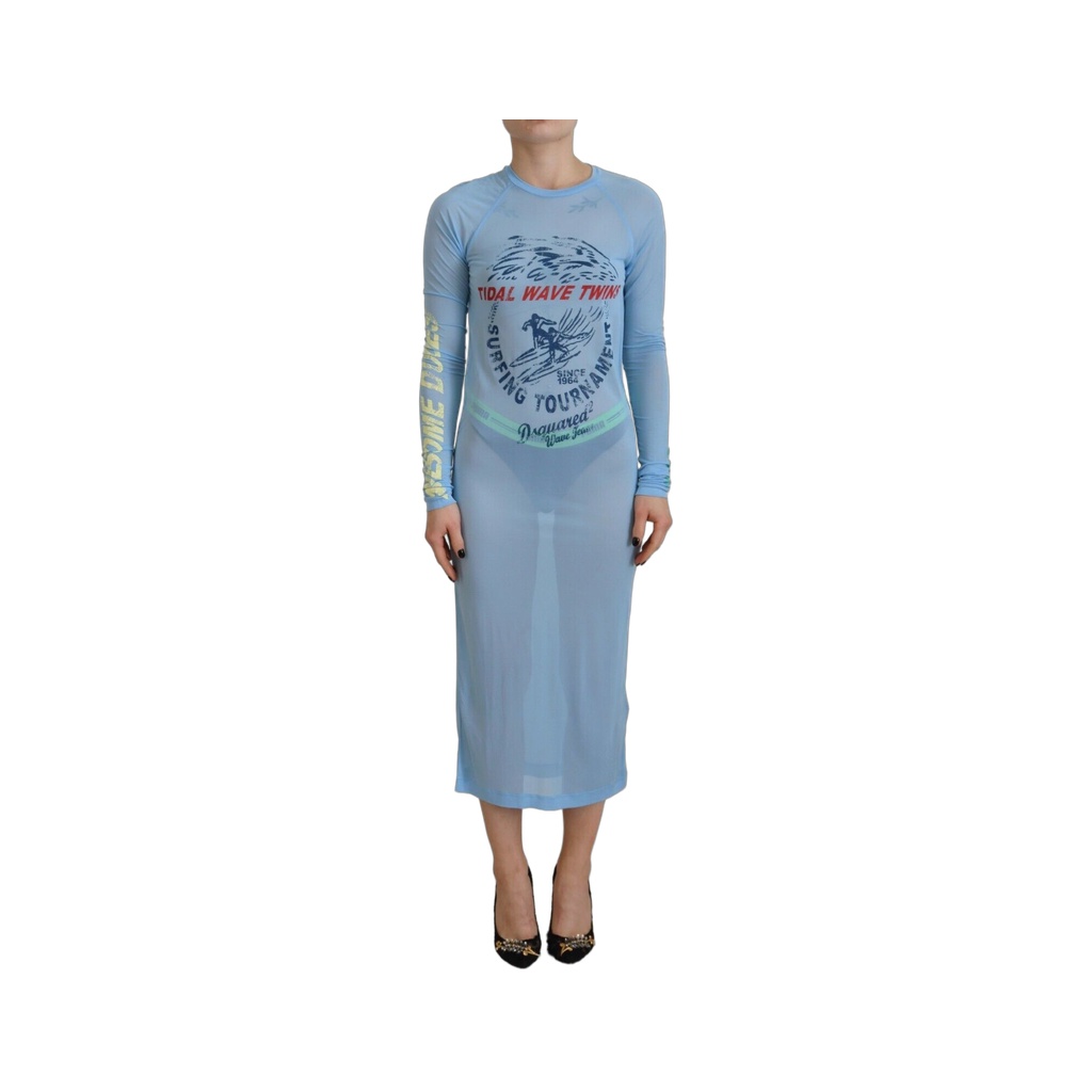 Blue Printed Viscose Long Sleeves Cover Up Dress