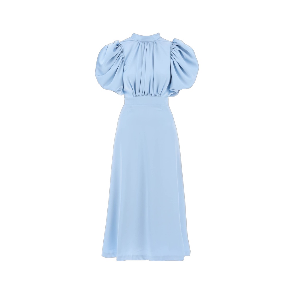 midi satin dress with balloon sleeves