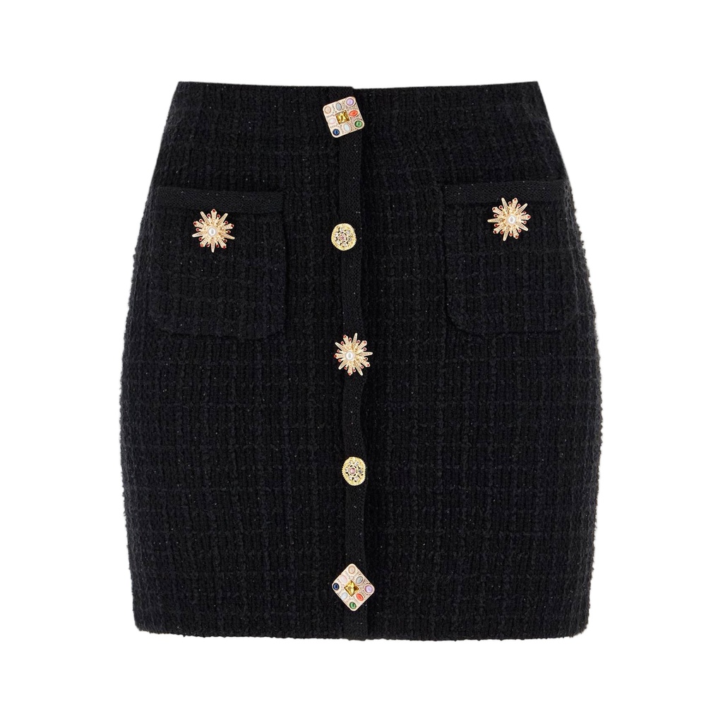 "knitted mini skirt with jewel buttons