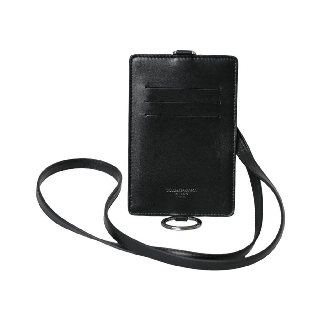 Black Calf Leather Lanyard Logo Card Holder Men Wallet