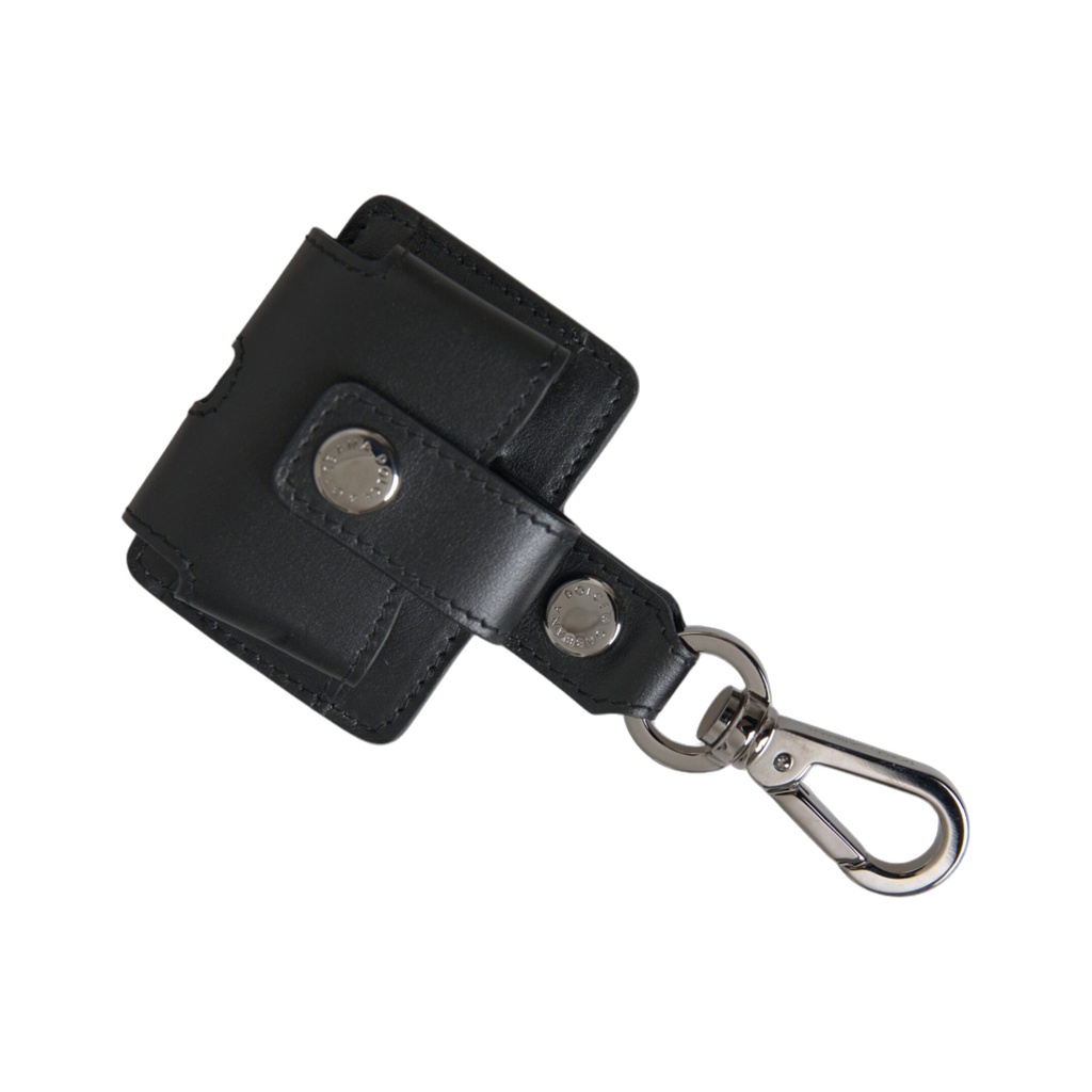 Black Plain Leather Silver Metal Airpods Case