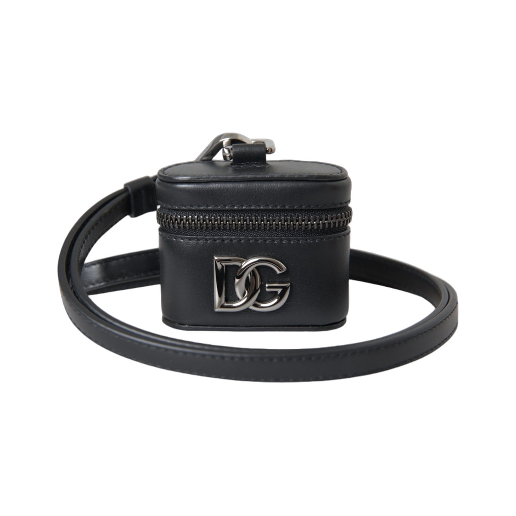 Black DG Logo Leather Silver Metal Airpods Case
