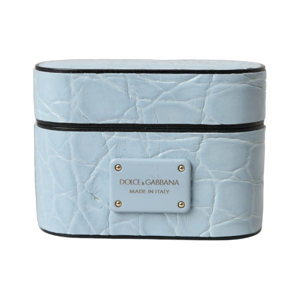 Light Blue Leather Metal Logo Plaque Airpods Case