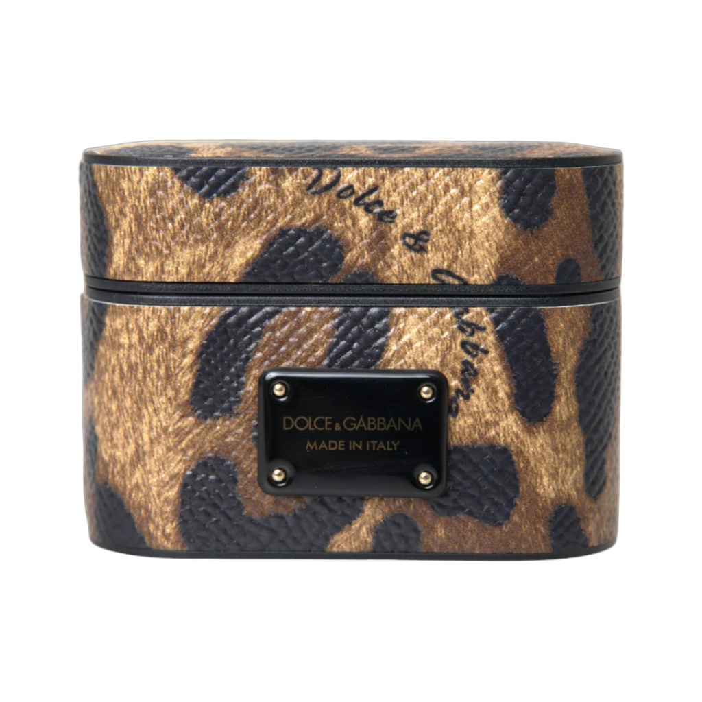Brown Leopard Calf Leather Metal Logo Plaque Airpods Case