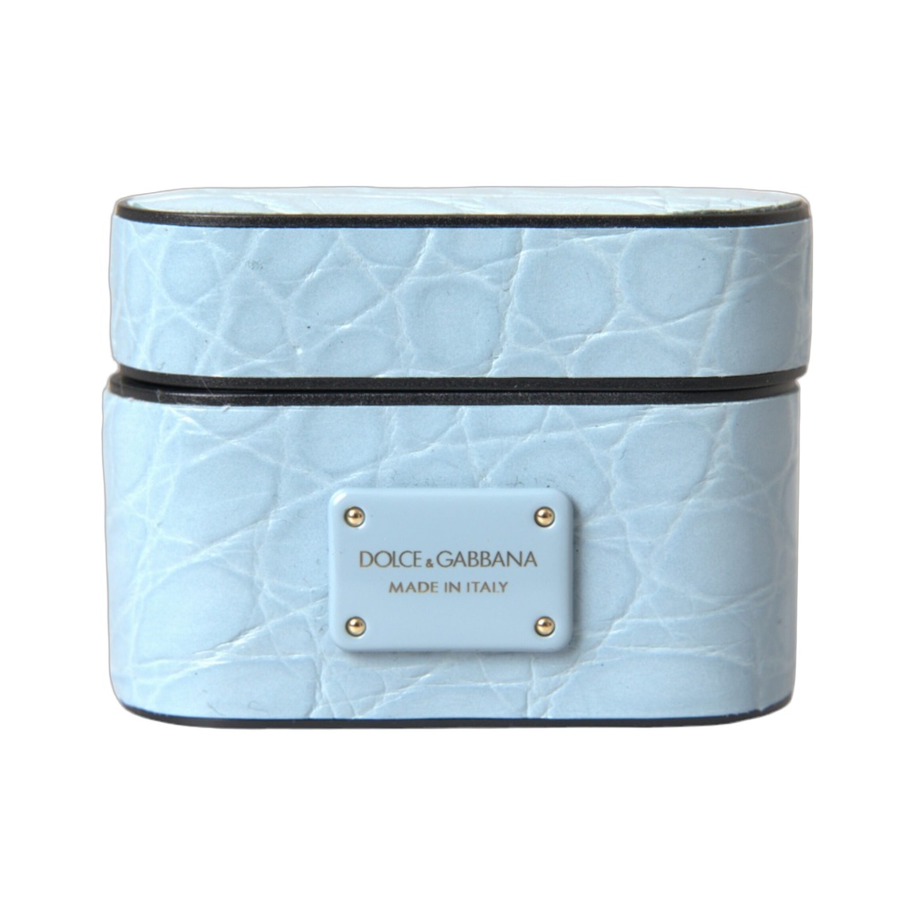 Light Blue Leather Metal Logo Plaque Airpods Case