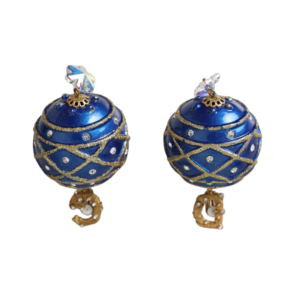 Gold Brass Blue Dangle Christmas Ball Crystal Clip On Earrings