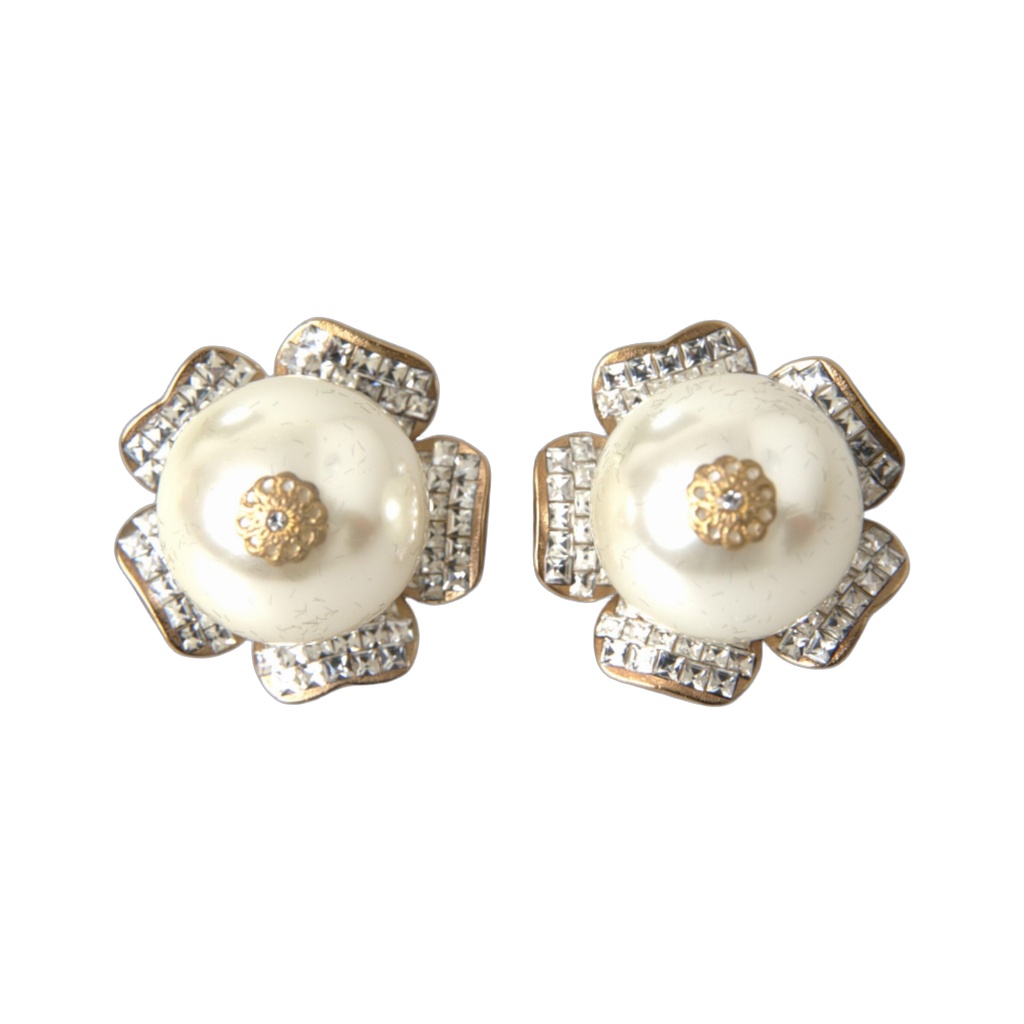 Gold Tone Maxi Faux Pearl Floral Clip-on Jewelry Earrings