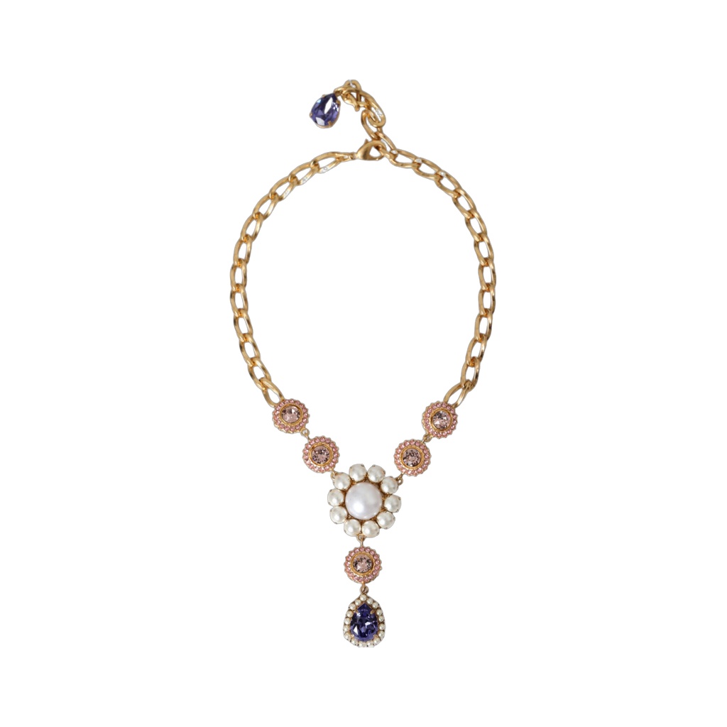 Gold Brass Crystal Purple Pink Pearl Pendants Necklace