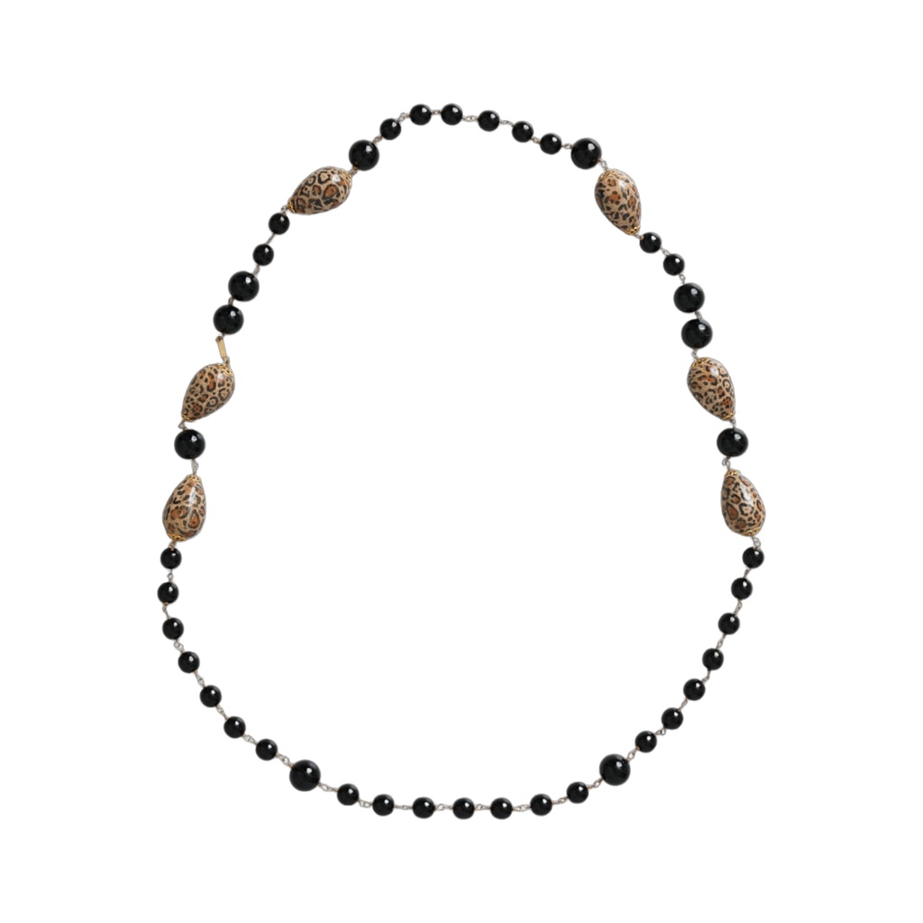 Gold Tone Brass Black Printed Beaded Long Chain Necklace