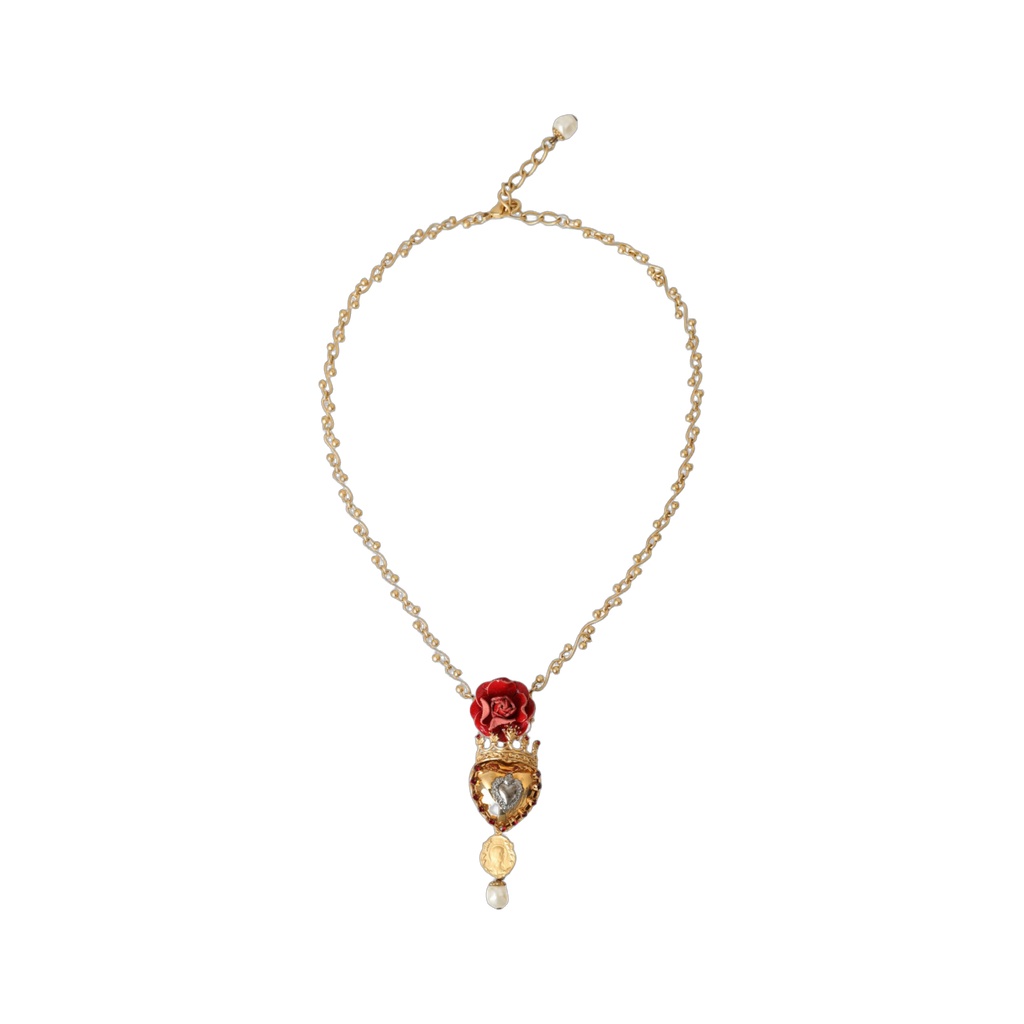 Gold BrassChain Sacred Heart Rose Crystal Charm Necklace