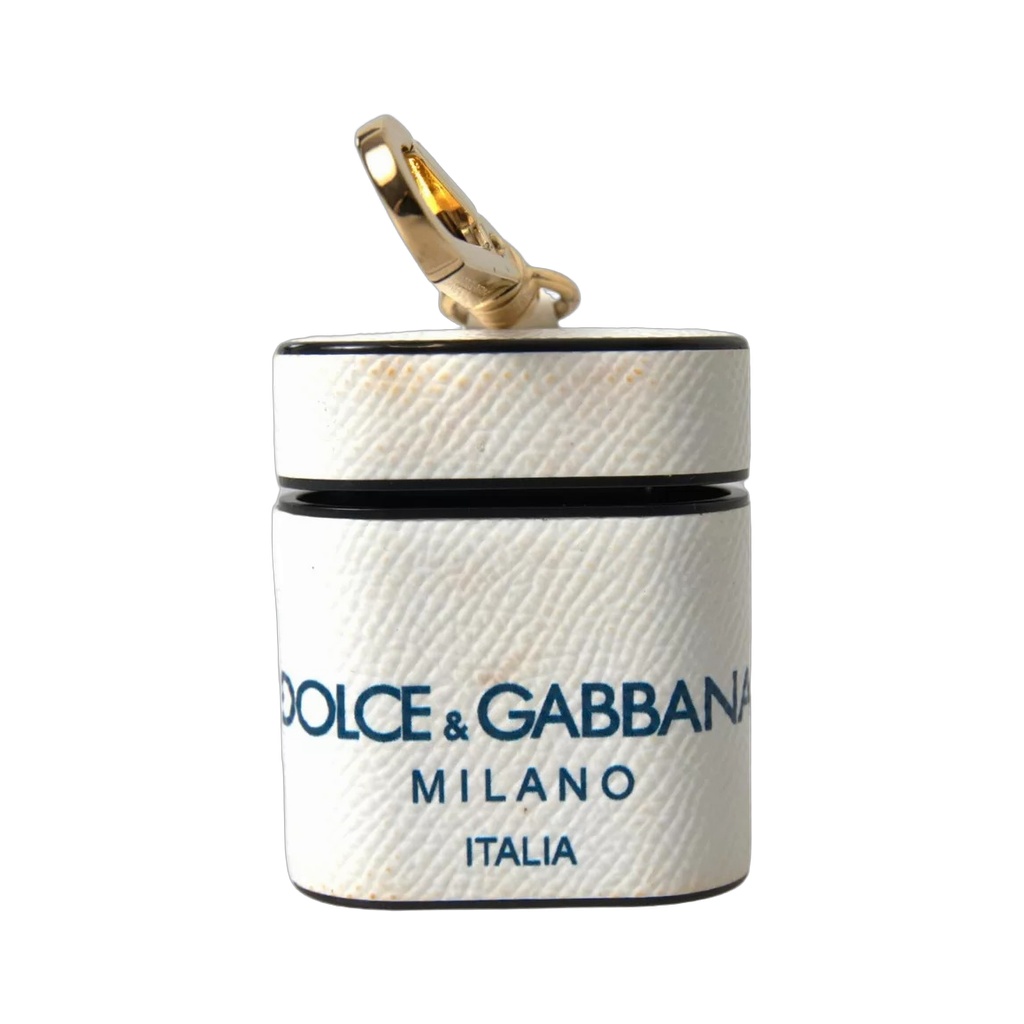 White Blue Calf Leather Logo Print Strap Airpods Case