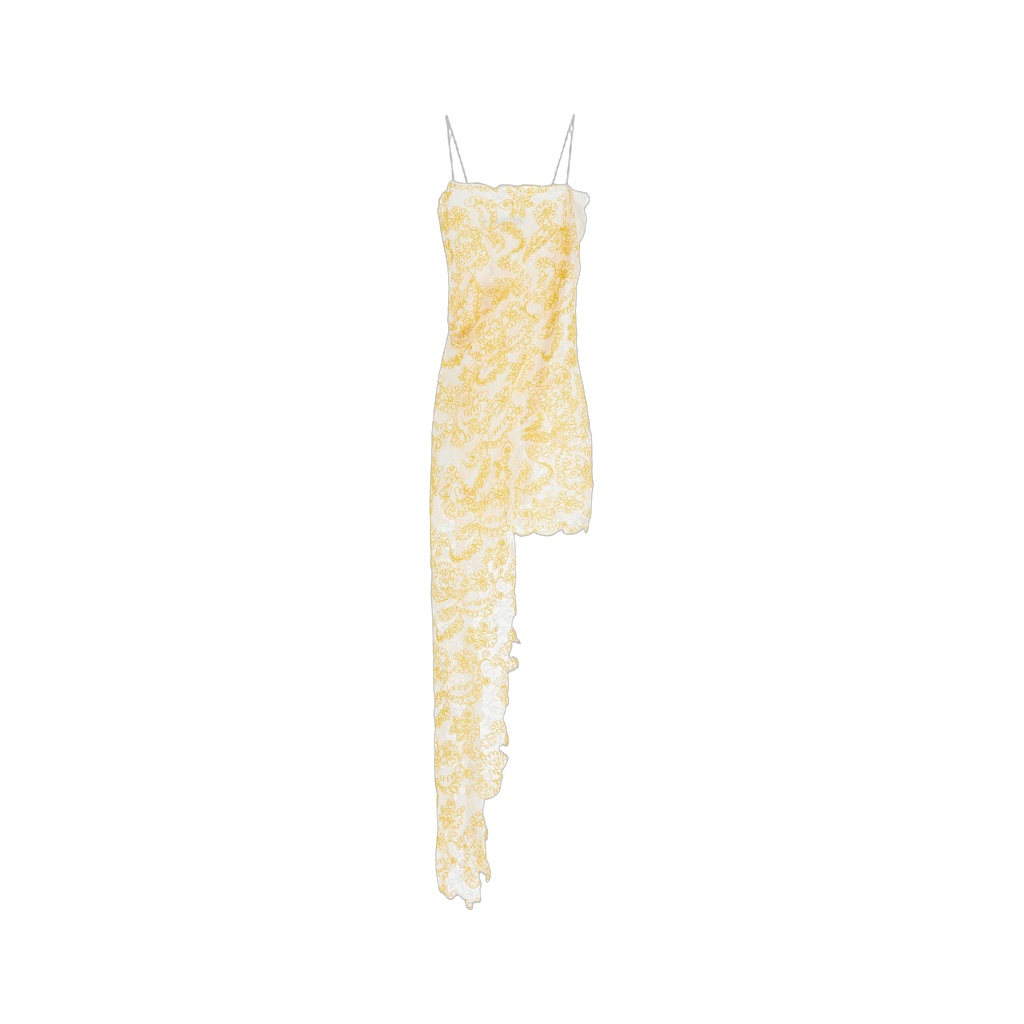 mini dress in yellow floral lace with adjustable straps
