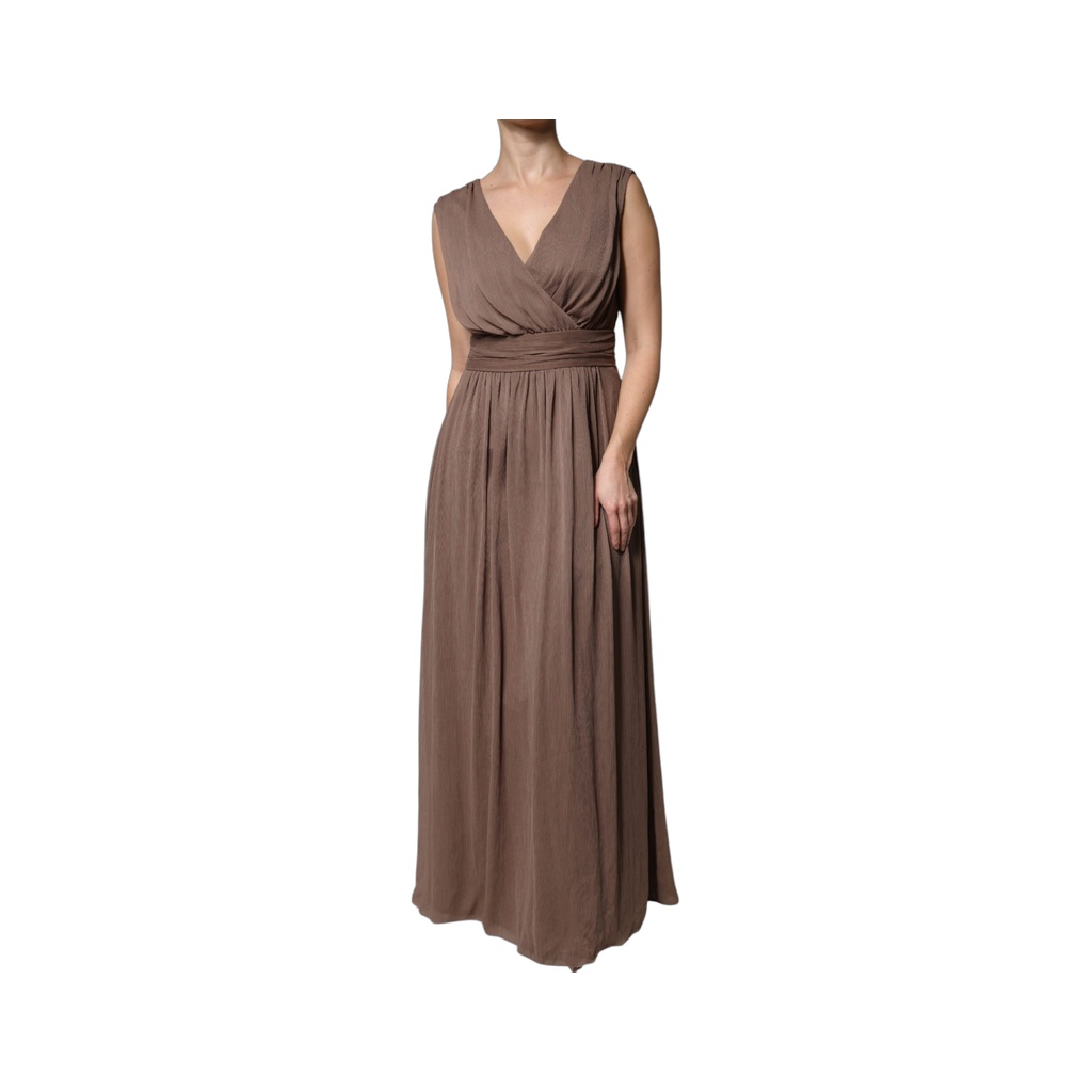 Brown Sleeveless Deep V-neck A-line Long Maxi Dress