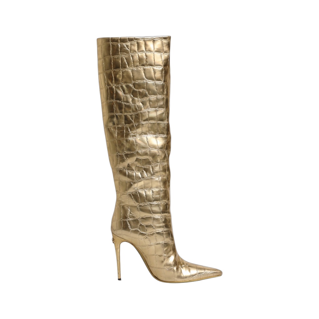 Gold Leather Stiletto Heels High Boots Shoes