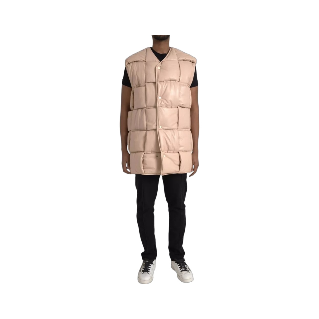 Beige Quilted Sleeveless Calf Leather Jacket