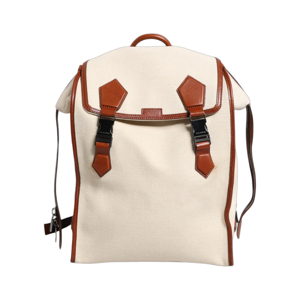 Beige Brown Canvas Leather Travel Back Pack Bag