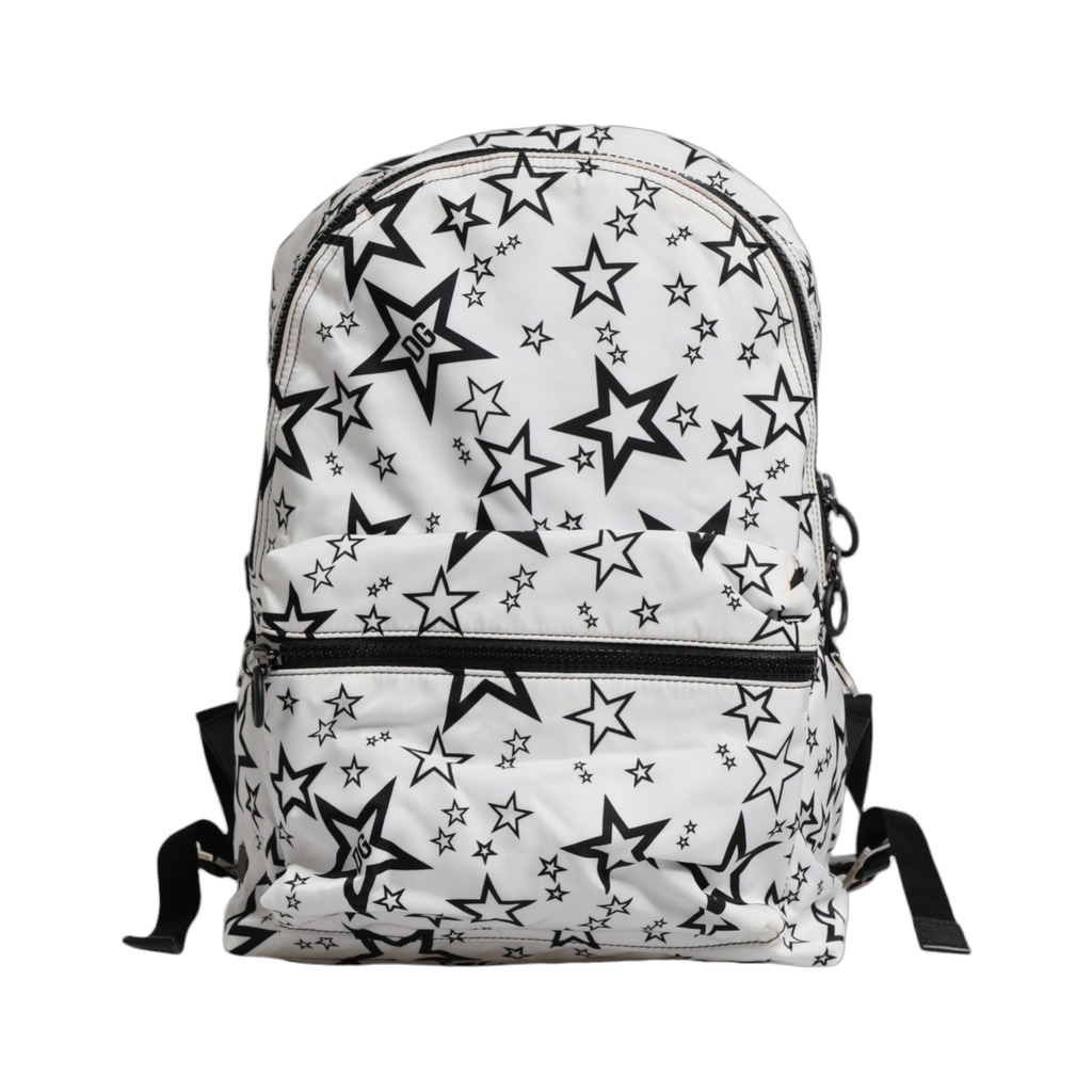 White DG Stars Print Nylon School Backpack Bag