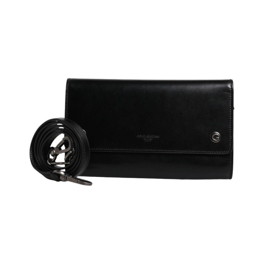Black Leather Logo Embossed Crossbody Bag
