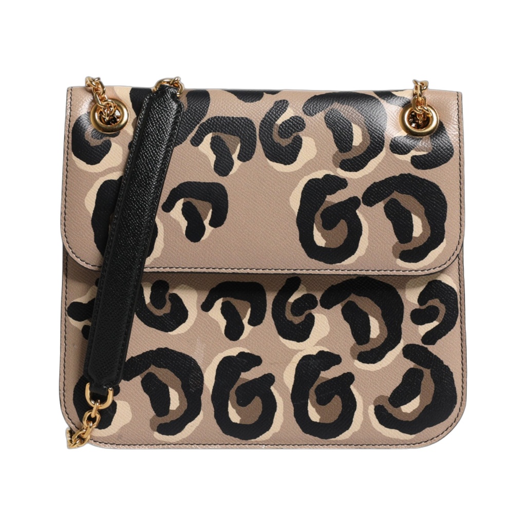 Beige DG Leopard Pattern Leather Crossbody Bag