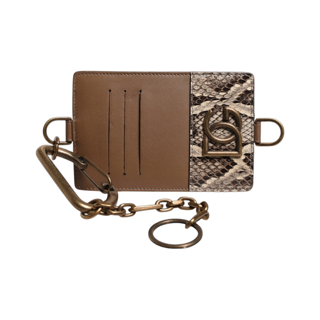 Brown Exotic Leather Card Holder DG Logo Plaque Wallet