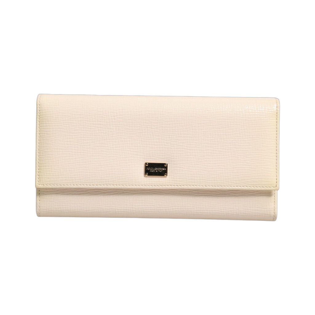 Beige Leather Trifold Logo Plaque Card Holder Wallet
