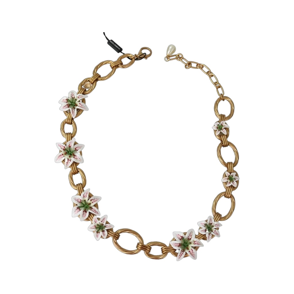 Gold Brass Oversize Chain LILY Flowers Necklace