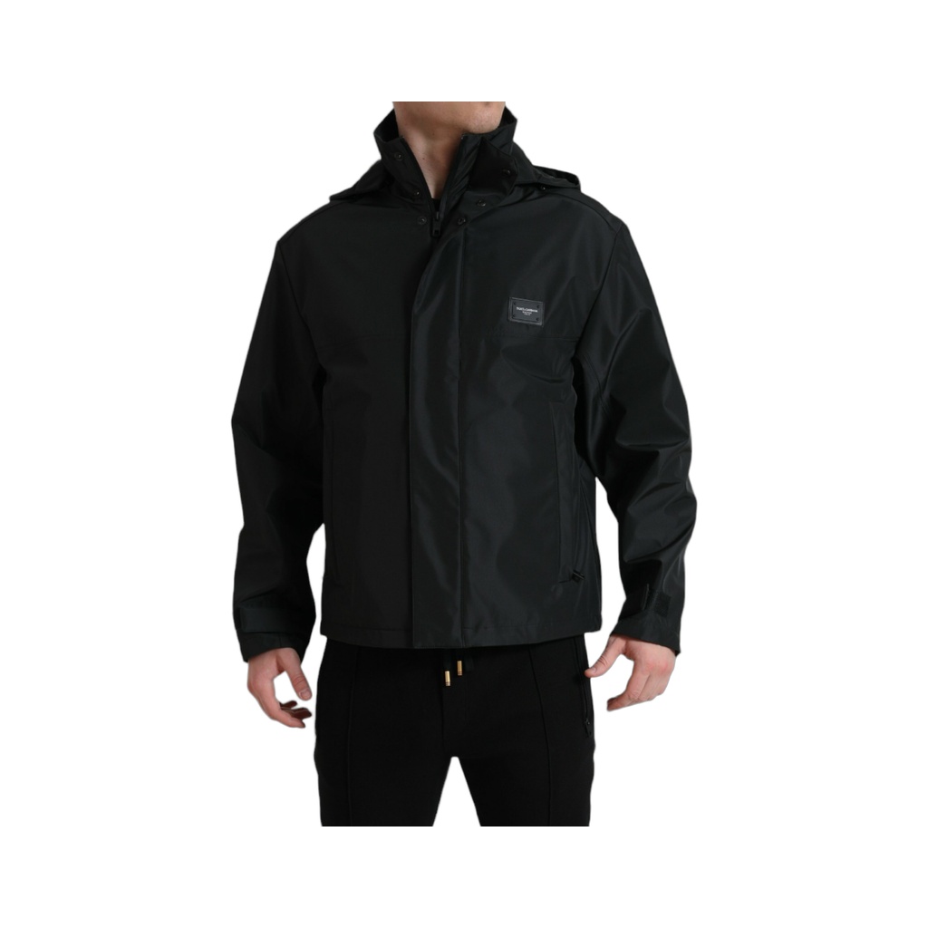 Black Polyester Logo Plaque Hooded Jacket