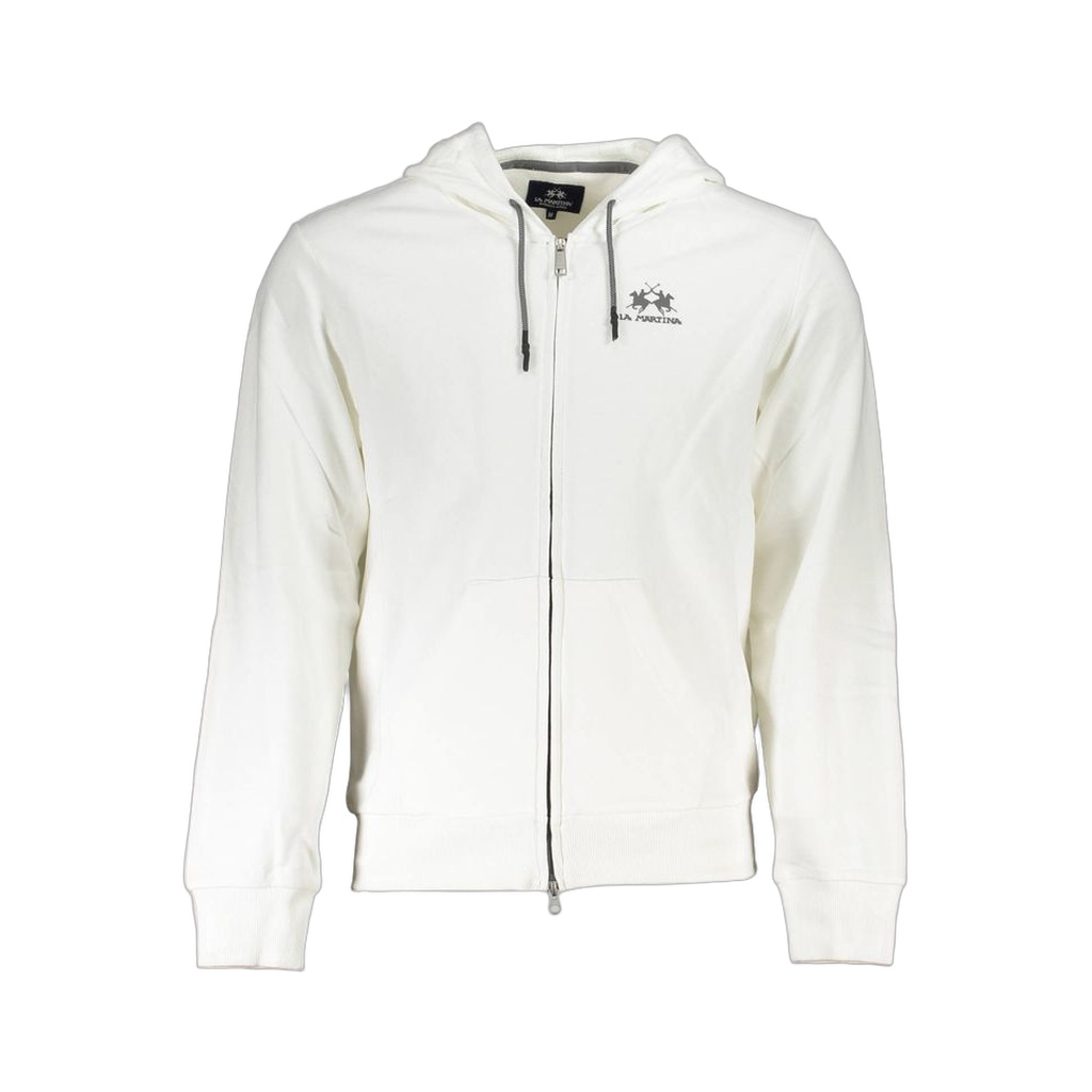 White Cotton Men Sweater with Hood and Zip Pockets
