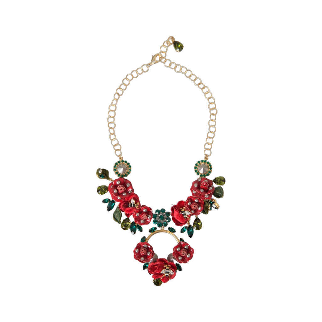 Gold Brass Link Chain RosePetal Crystal Pendant Necklace