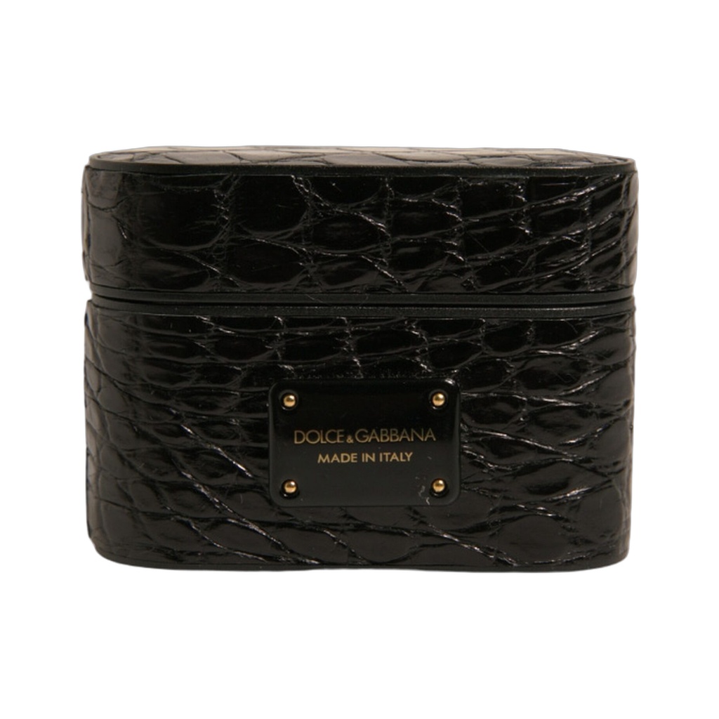 Black Leather Metal Logo Plaque Holder Airpods Case