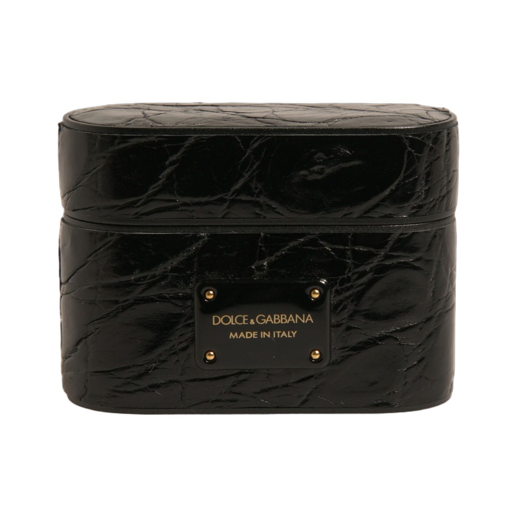 Black Leather Metal Logo Plaque Holder Airpods Case